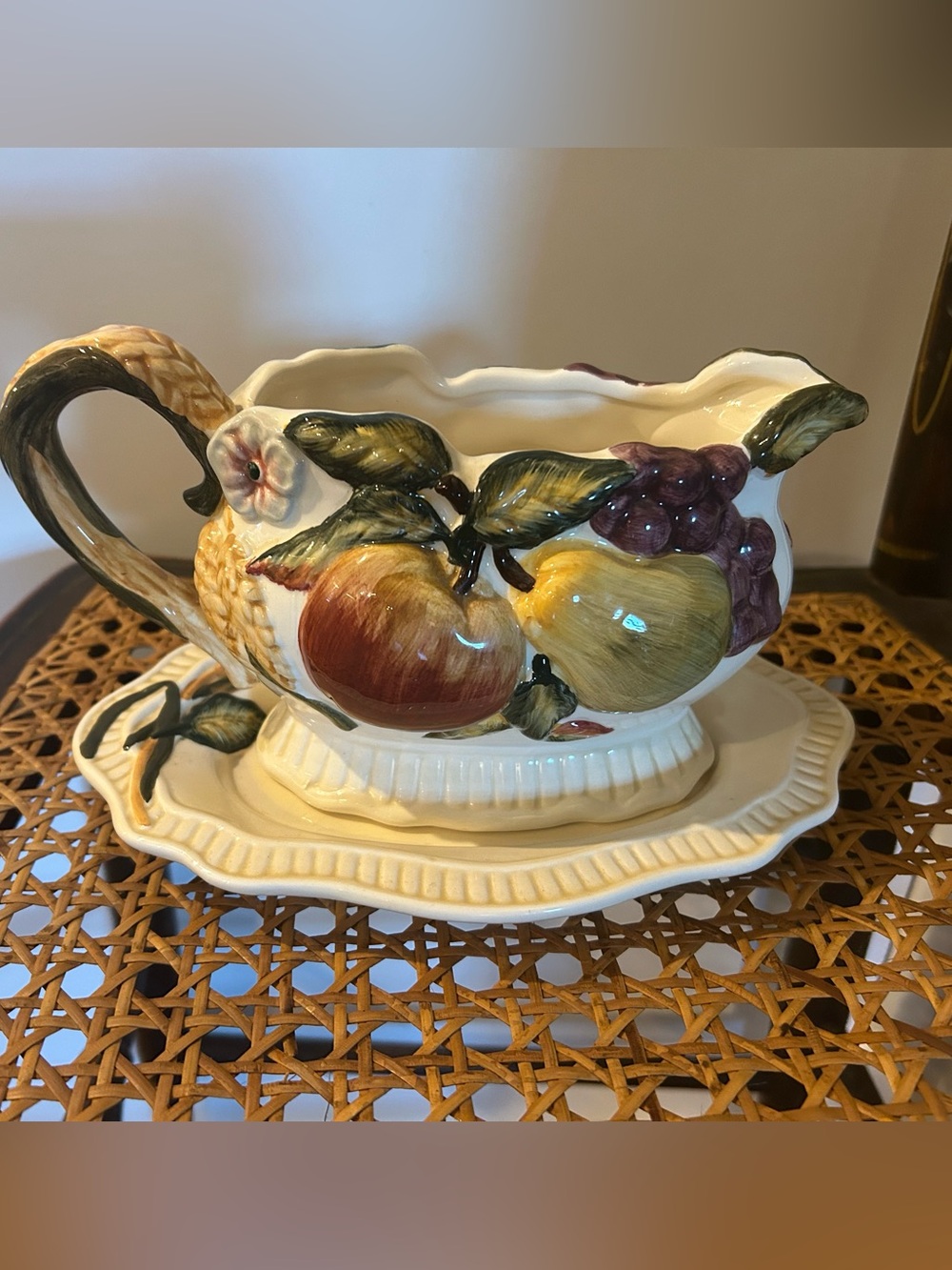 Vintage Bico China Ceramic Fruit Motif Gravy Boat in Cream